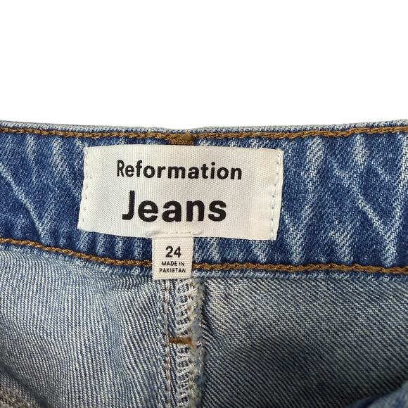 REFORMATION Liza Ultra High Rise Slim Straight Jeans Sze 24 Malta Blue - Picture 3 of 6
